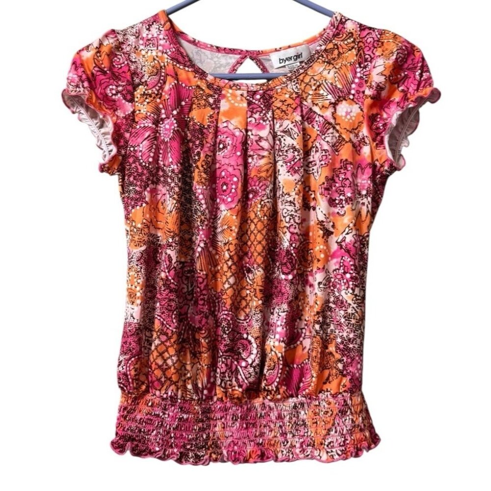 byer Girl Women Short Sleeve Top Size Large Elastic Floral Colorful Hippie Retro
